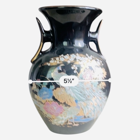 Vintage porcelain vase black hand painted floral bird detail wide handles/openin - Picture 9 of 12